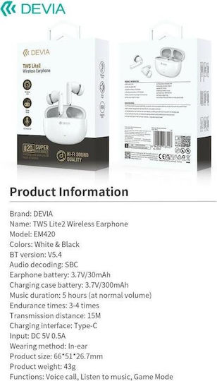 Devia EM420 Lite2 In-ear Bluetooth Handsfree Earphones with Charging Case White
