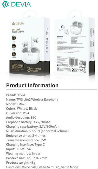 Devia EM420 Lite2 In-ear Bluetooth Handsfree Earphones with Charging Case White