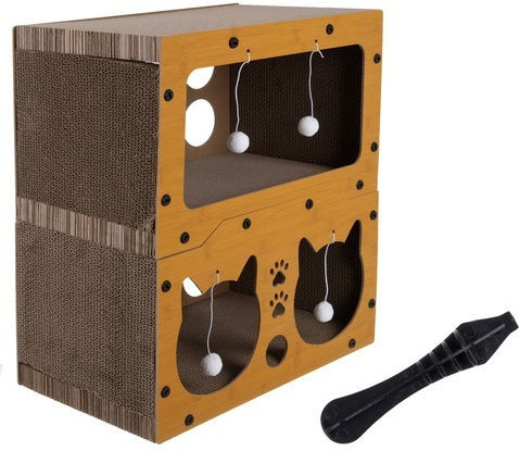 Căsuță 3 În 1 Pentru Pisici Zola 2 Niveluri Zonă De Ascuțit Ghearele 4 Jucării Material HDF Carton Ondulat 51,5 X 45,5 X 28 Cm Maro