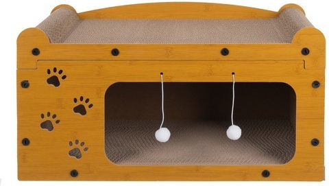 Căsuță 3 În 1 Pentru Pisici Zola Spațiu De Ascuțit Ghearele 2 Jucării Material HDF Carton Ondulat 29,5 X 56 X 27 Cm Maro