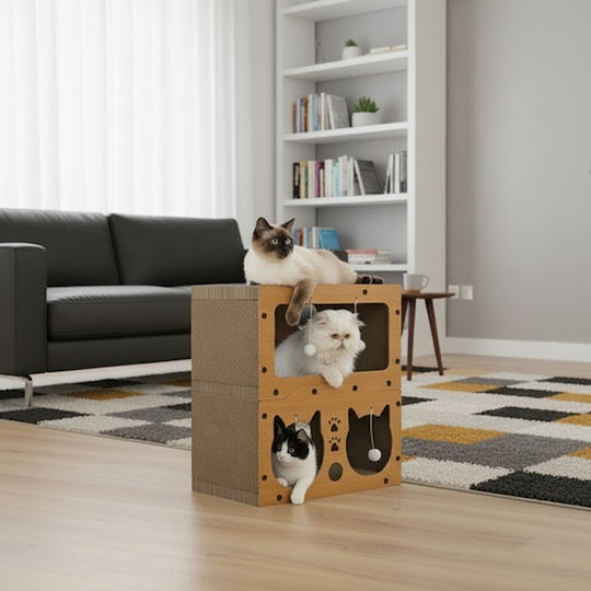 Căsuță 3 În 1 Pentru Pisici Zola 2 Niveluri Zonă De Ascuțit Ghearele 4 Jucării Material HDF Carton Ondulat 51,5 X 45,5 X 28 Cm Maro