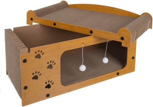 Căsuță 3 În 1 Pentru Pisici Zola Spațiu De Ascuțit Ghearele 2 Jucării Material HDF Carton Ondulat 29,5 X 56 X 27 Cm Maro