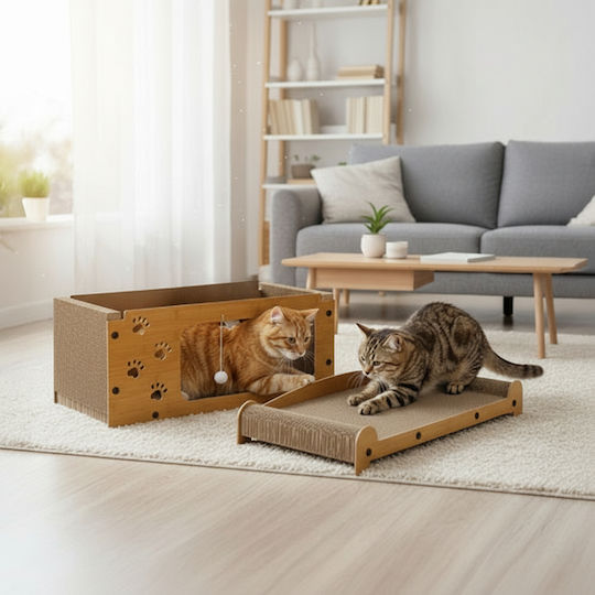 Căsuță 3 În 1 Pentru Pisici Zola Spațiu De Ascuțit Ghearele 2 Jucării Material HDF Carton Ondulat 29,5 X 56 X 27 Cm Maro