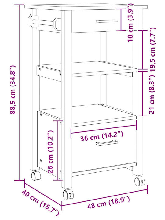 vidaXL Wooden Kitchen Trolley 3 Tiers Black 48x40x88.5cm