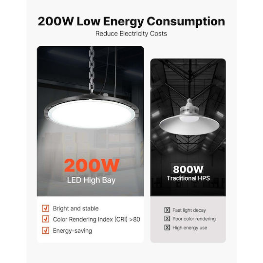Vevor Commercial Bell Light 200W Cool White 30000lm with Built-in LED Black