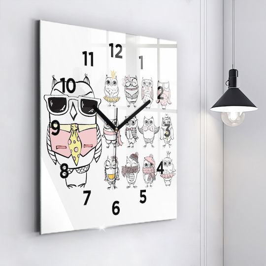 Tulup Ceas de Perete pentru Copii, Poster Vintage cu Bufnițe, din Sticlă, 60x60 cm