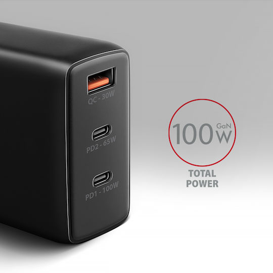 Axagon Charger Without Cable GaN with USB-A Port and 2 USB-C Ports 100W Power Delivery / Quick Charge 3.0 Blacks (ACU-DPQ100)