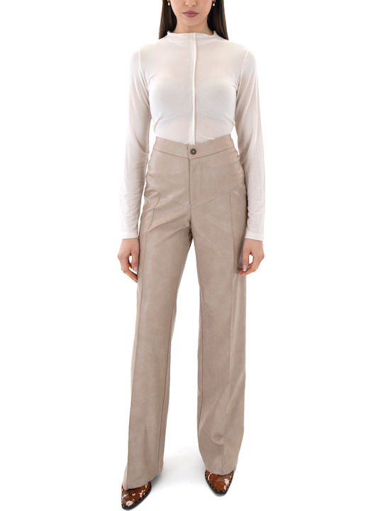 Faux Women's High-waisted Fabric Trousers in Wide Line Beige (sand)