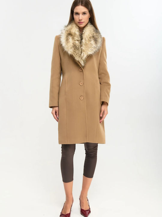 Women's Camel Coat with Fur Details