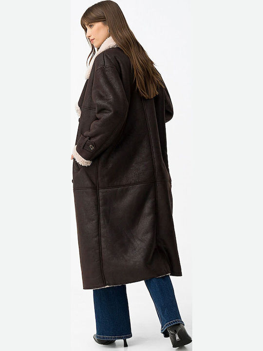 Women's Brown Coat Teddy with Fur Details