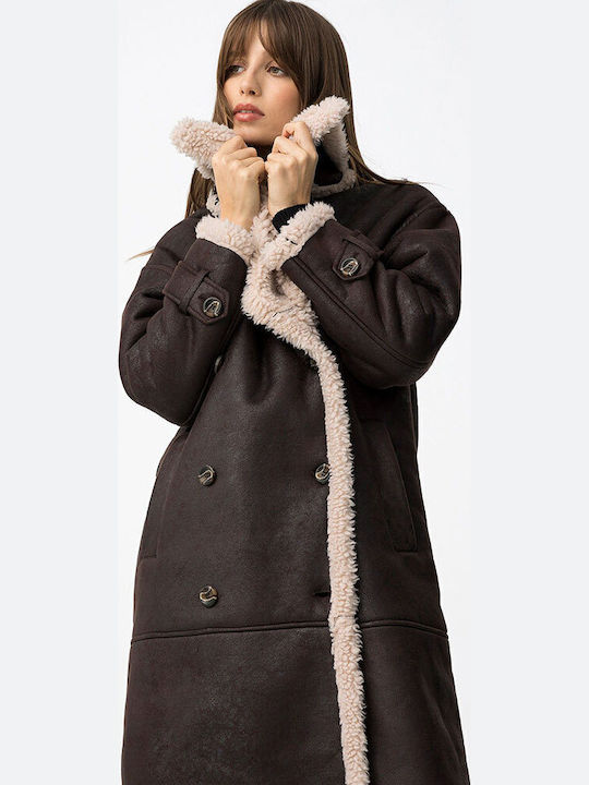Women's Brown Coat Teddy with Fur Details