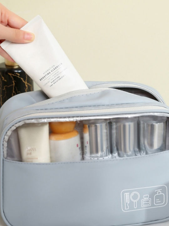Roza Cosmetic Organizer Bag & Travel Toiletry Bag Double Layer Waterproof Large Capacity Transparent Window Gray