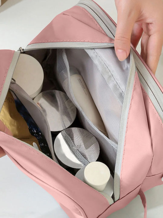 Roza Cosmetic Organizer Bag & Travel Toiletry Bag Double Layer Waterproof Large Capacity Transparent Window Pink