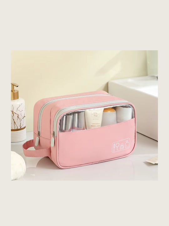 Roza Cosmetic Organizer Bag & Travel Toiletry Bag Double Layer Waterproof Large Capacity Transparent Window Pink