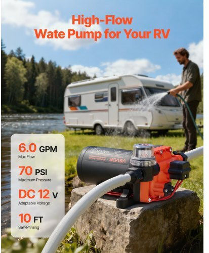 Water Pump Vevor RV 12V DC 6 GPM 22.7 L Min Diaphragm Self-Priming 4-Chamber Automatic Pressure Switch Maximum Pressure 70 PSI Custom RV Caravan Marine Yacht Car Wash