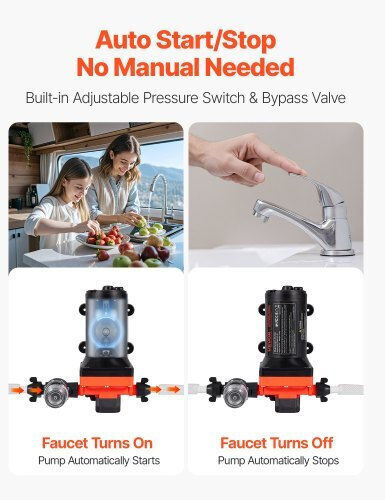 Water Pump Vevor RV 12V DC 6 GPM 22.7 L Min Diaphragm Self-Priming 4-Chamber Automatic Pressure Switch Maximum Pressure 70 PSI Custom RV Caravan Marine Yacht Car Wash