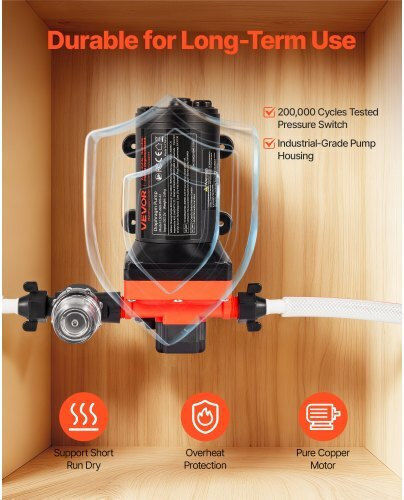 Water Pump Vevor RV 12V DC 6 GPM 22.7 L Min Diaphragm Self-Priming 4-Chamber Automatic Pressure Switch Maximum Pressure 70 PSI Custom RV Caravan Marine Yacht Car Wash
