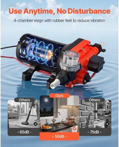 Water Pump Vevor RV 12V DC 6 GPM 22.7 L Min Diaphragm Self-Priming 4-Chamber Automatic Pressure Switch Maximum Pressure 70 PSI Custom RV Caravan Marine Yacht Car Wash