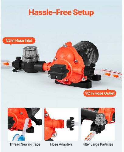 Water Pump Vevor RV 12V DC 4 GPM 15.1 L Min Diaphragm Self-Priming 3-Chamber Automatic Pressure Switch Maximum Pressure 40 PSI Custom RV Caravan Marine Yacht Car Wash