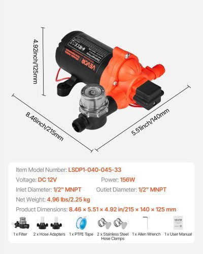 Water Pump Vevor RV 12V DC 4 GPM 15.1 L Min Diaphragm Self-Priming 3-Chamber Automatic Pressure Switch Maximum Pressure 40 PSI Custom RV Caravan Marine Yacht Car Wash