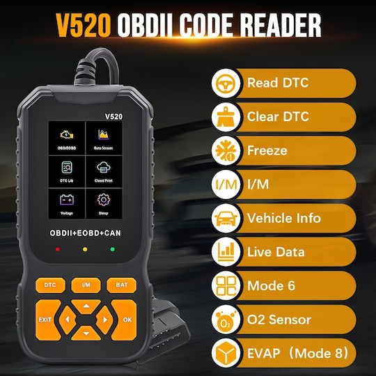 Professional Auto Scanner Obd2 Techstar V520 Engine Diagnosis Read Clear Error Codes Live Data Cloud Report Printing Multilingual 2.8-inch Color Screen