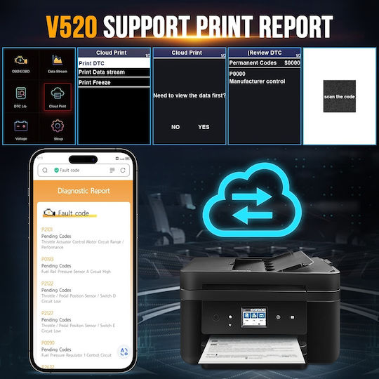 Professional Auto Scanner Obd2 Techstar V520 Engine Diagnosis Read Clear Error Codes Live Data Cloud Report Printing Multilingual 2.8-inch Color Screen