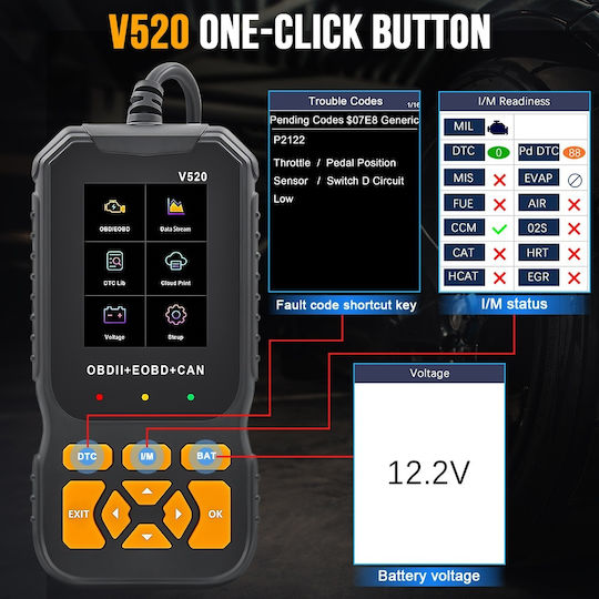 Professional Auto Scanner Obd2 Techstar V520 Engine Diagnosis Read Clear Error Codes Live Data Cloud Report Printing Multilingual 2.8-inch Color Screen
