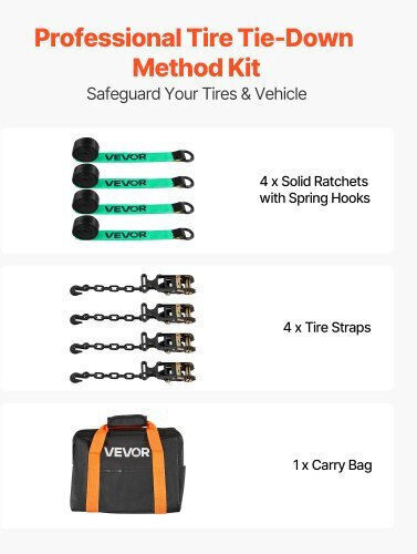 Vevor Wheel Chock Tie Down Kit Car Towing Strap Tire Type Car Tie Down Kit Heavy Duty Hook Break Strength 4540 Kg & Working Load 1512 Kg Motorcycle ATV SUV Trailer Tie Down System