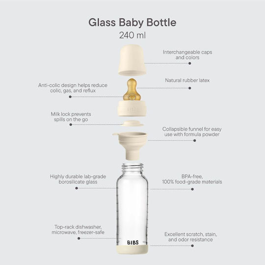 Bibs Set of Glass Baby Bottles Anti-Colic with Rubber Teat for 0+ Months Blue 240ml