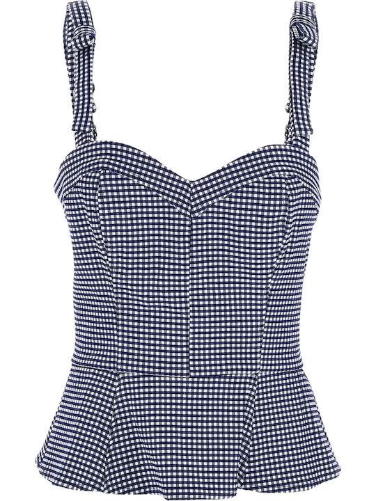 Women's Crop Top with Straps & V Neckline Checked Blue