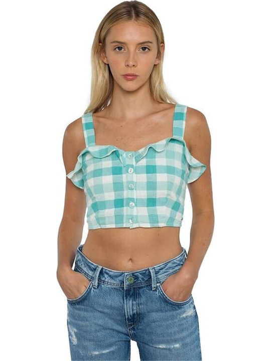 Valentina Γυναικείο Καλοκαιρινό Crop Top Βαμβακερό με Τιράντες Καρό Τιρκουάζ
