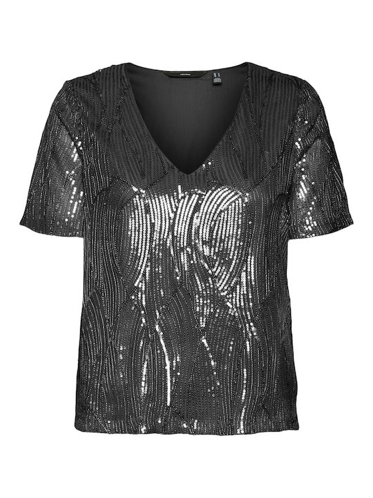 Women's Blouse Short Sleeve with V Neckline Black