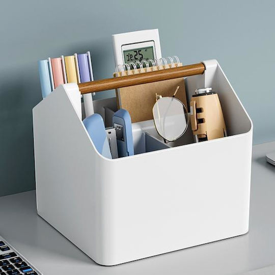 Desk Organizer Zola 4 Compartments Wooden Handle Plastic 18 X 16.5 X 16.5 Cm White