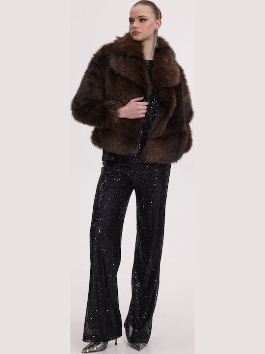 Damen Stoff Hose mit Gummizug Black mit Pailletten