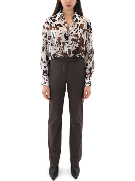 Women's Fabric Trousers Flared with Elastic Grey-Brown