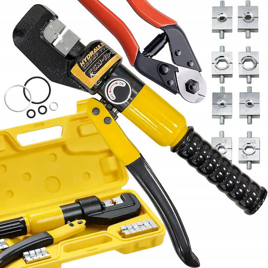 Set Clește Hidraulic Hexagonal de Sertizare Clește de Tăiere Zola Domeniu de Lucru 4-70 Mm² 8 Matrițe Forță 10 T Cutie de Depozitare Oțel 31 Cm Negru Galben