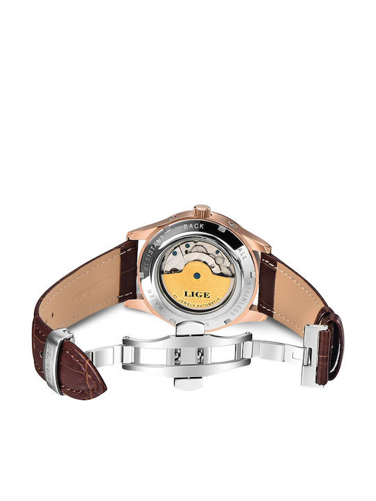 Lige Ceas Barbatesc 43mm Cronograf Automat cu Curea din Piele Maro