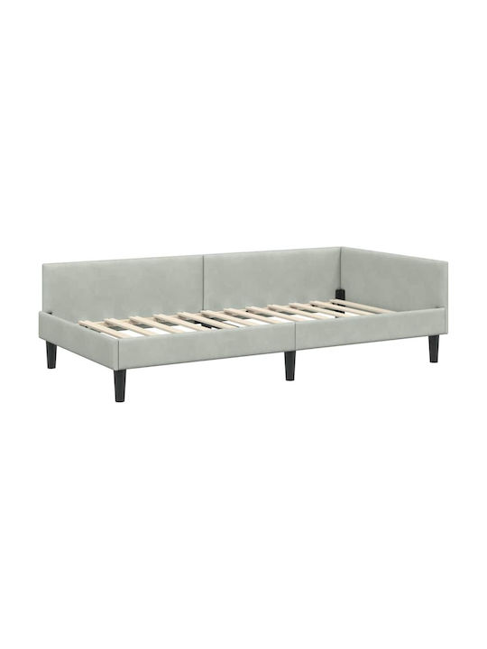 Pat Single Tapițat cu Catifea Gri Deschis cu Plăci și Saltea 94x190cm