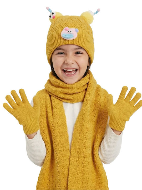 Kids Beanie Set with Scarf & Gloves Knitted Yellow