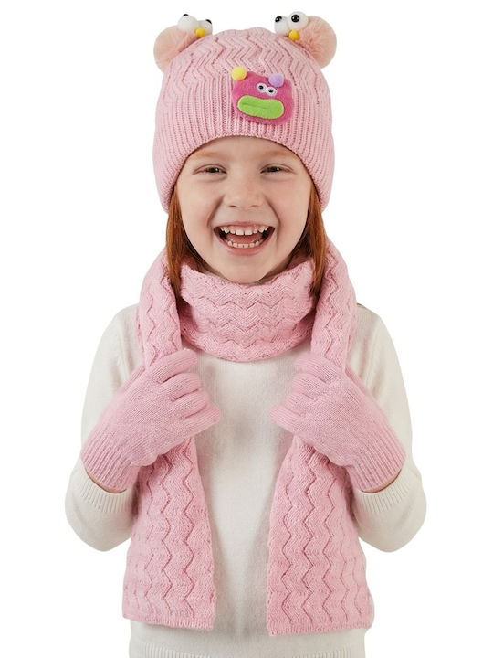 Kids Beanie Set with Scarf & Gloves Knitted Pink