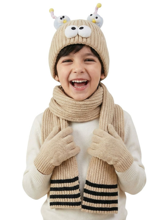 Kids Beanie Set with Scarf & Gloves Knitted Beige