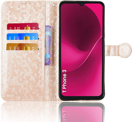 Husă Cu Capac Pliabil T Phone 3 5g Wallet Romboid Auriu
