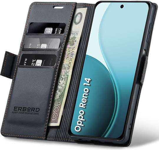Oppo Reno 14 Erbord Glossy Litchi Brieftasche Klappdeckel Schwarze