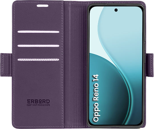 Husă Oppo Reno 14 Erbord Glossy Litchi Tip Portofel Rabatabil Mov