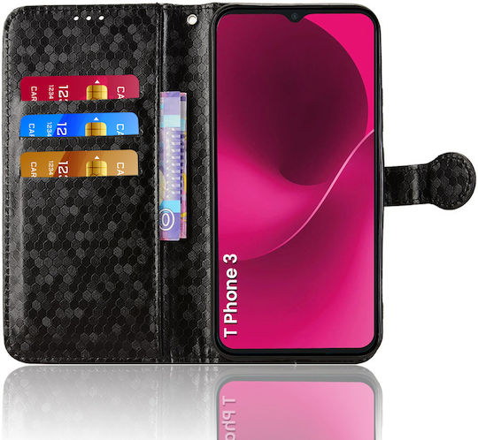 Калъф Плисе Капак T Phone 3 5g Портмоне Ромбов Черен