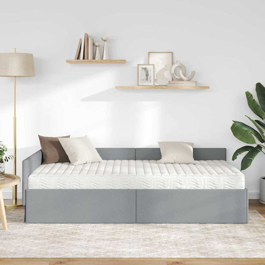Pat Single Tapițat cu Material Gri Deschis cu Plăci și Saltea 100x200cm