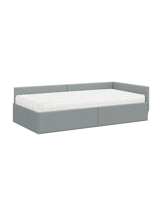 Pat Single Tapițat cu Material Gri Deschis cu Plăci și Saltea 100x200cm