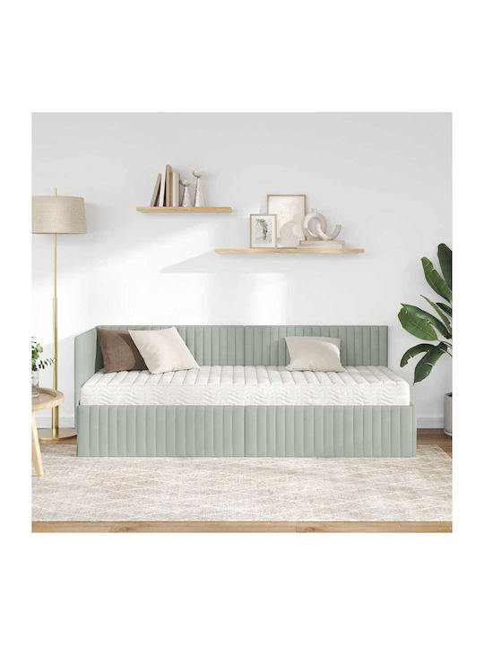 Pat Single Tapițat cu Catifea Gri Deschis cu Plăci și Saltea 80x200cm