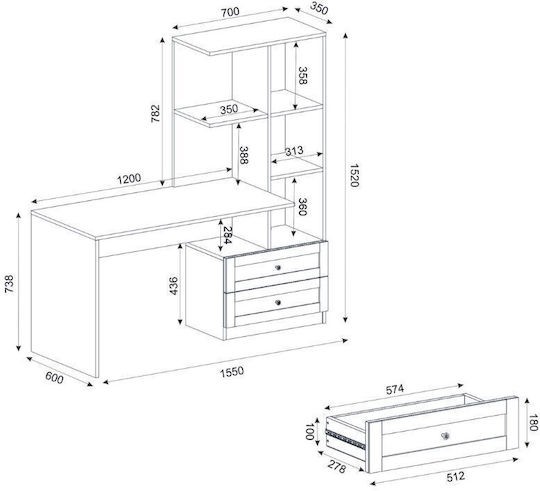 Schreibtisch Mantra Holz mit Bücherregal Charcoal 150x60x152cm