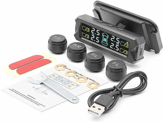 Sistem Monitorizare Presiune Anvelope Tpms Încărcare Solară 4 Senzori Externi Afișaj Lcd